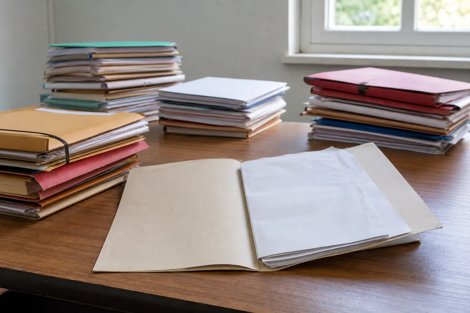 Dossiers et relevés patrimoniaux rangés en piles ordonnées sur un bureau en bois